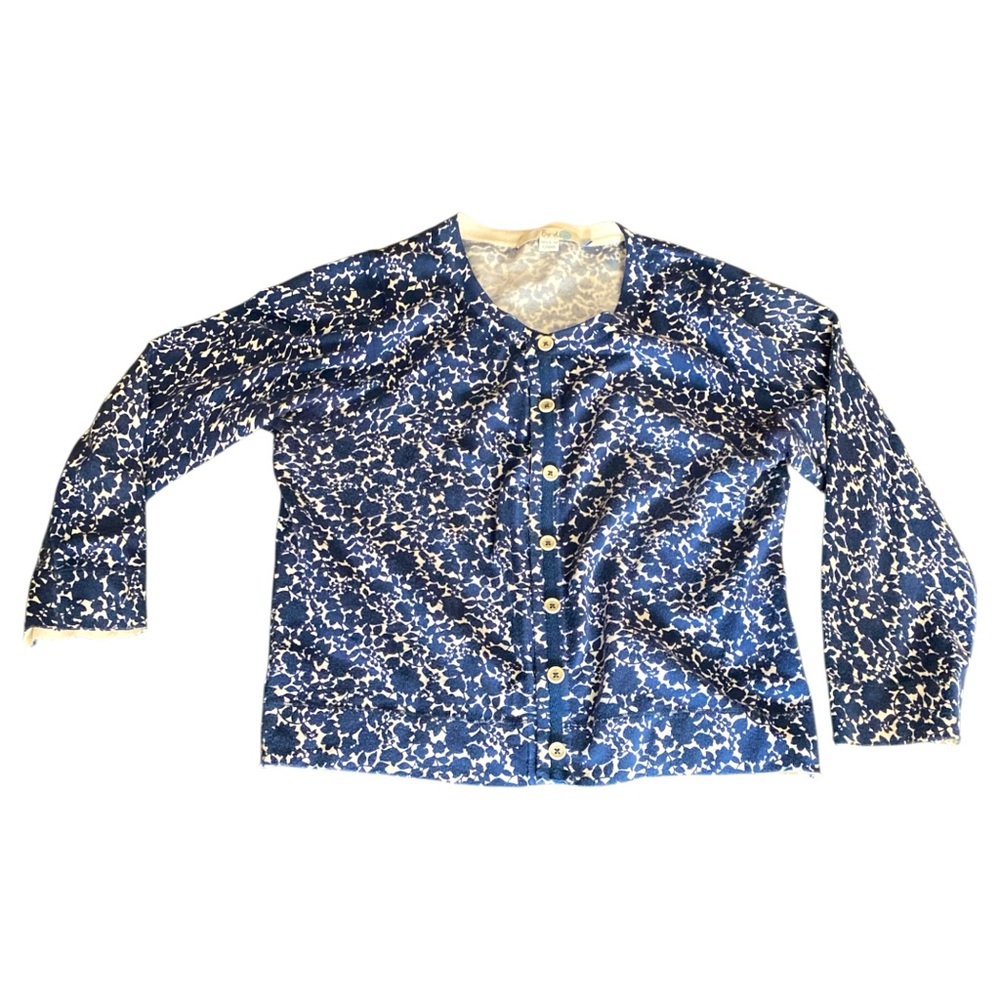 Boden Blue and White Cropped Cardigan Sweater with Floral Design